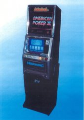 Schwarzes Gehäuse der American Poker Slot Machine mit blauem Bildschirm und blau-weißem Hintergrund